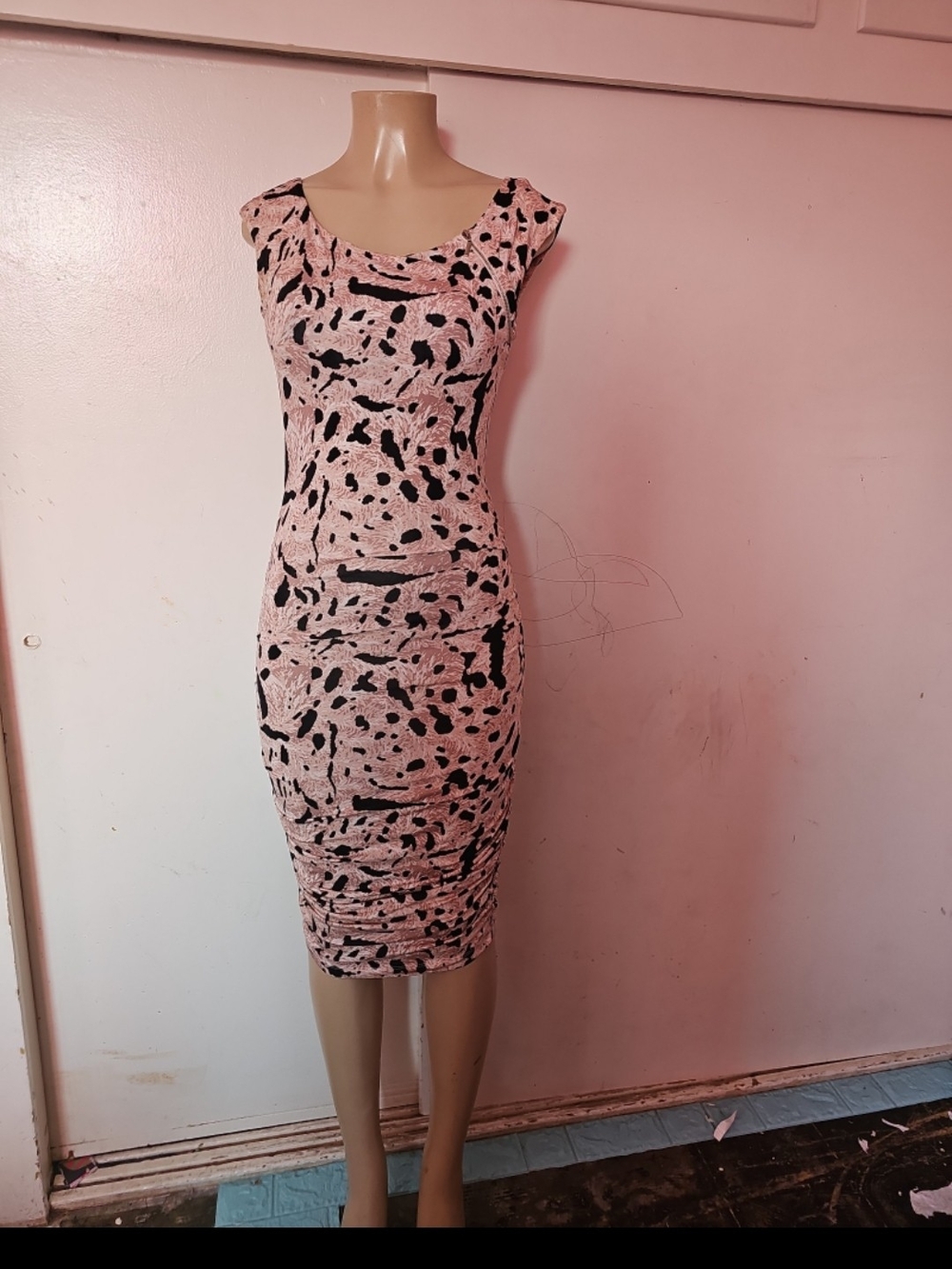 Tart Pink and Black Printed Midi Bodycon Dress